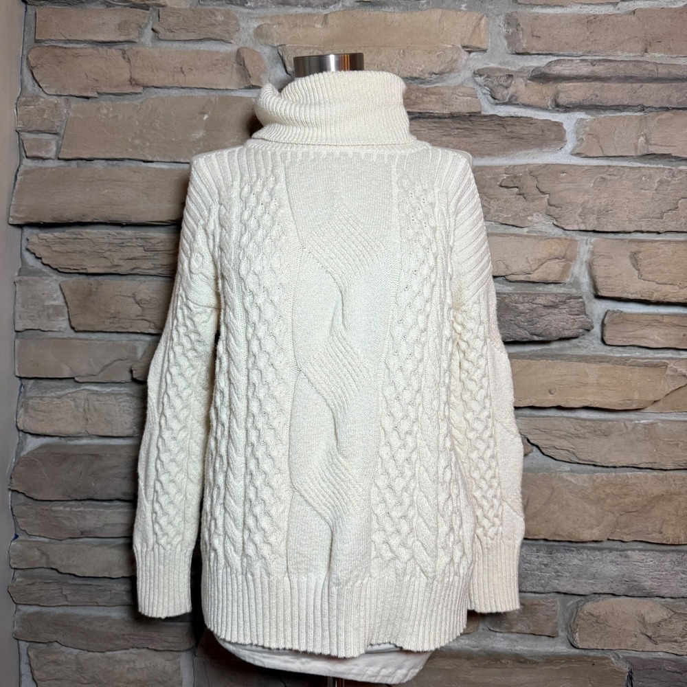 Anthropologie Cream Cable Knit Turtleneck Sweater Cold Shoulder Cutout Size M